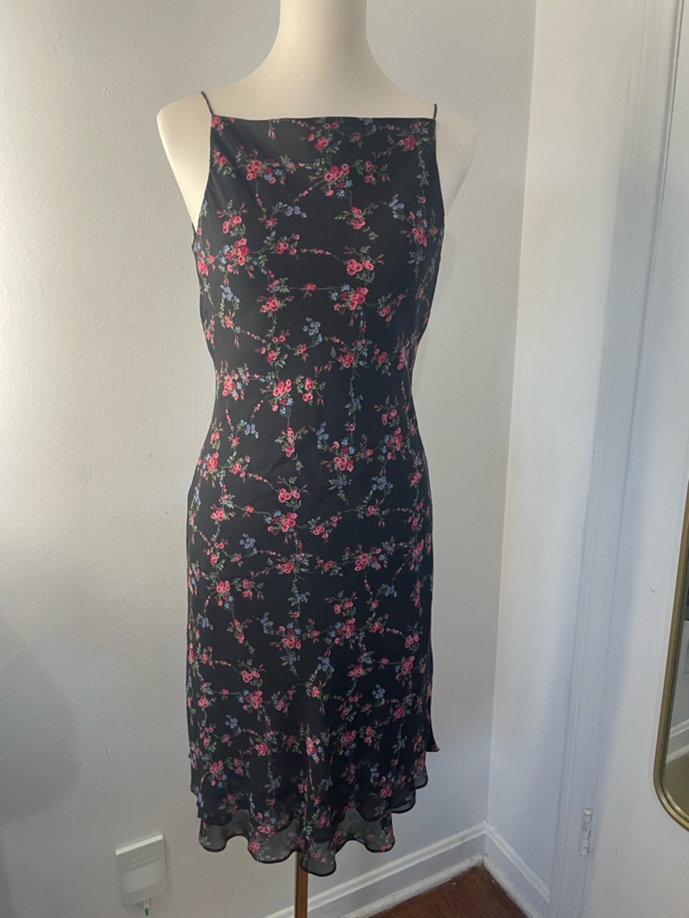 Vintage 90s Ralph Lauren square neck Black Midi Slip Dress with Floral Print